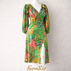 Farm Rio Tropical Jungle Print Below the Knee Wrap Dress Size S